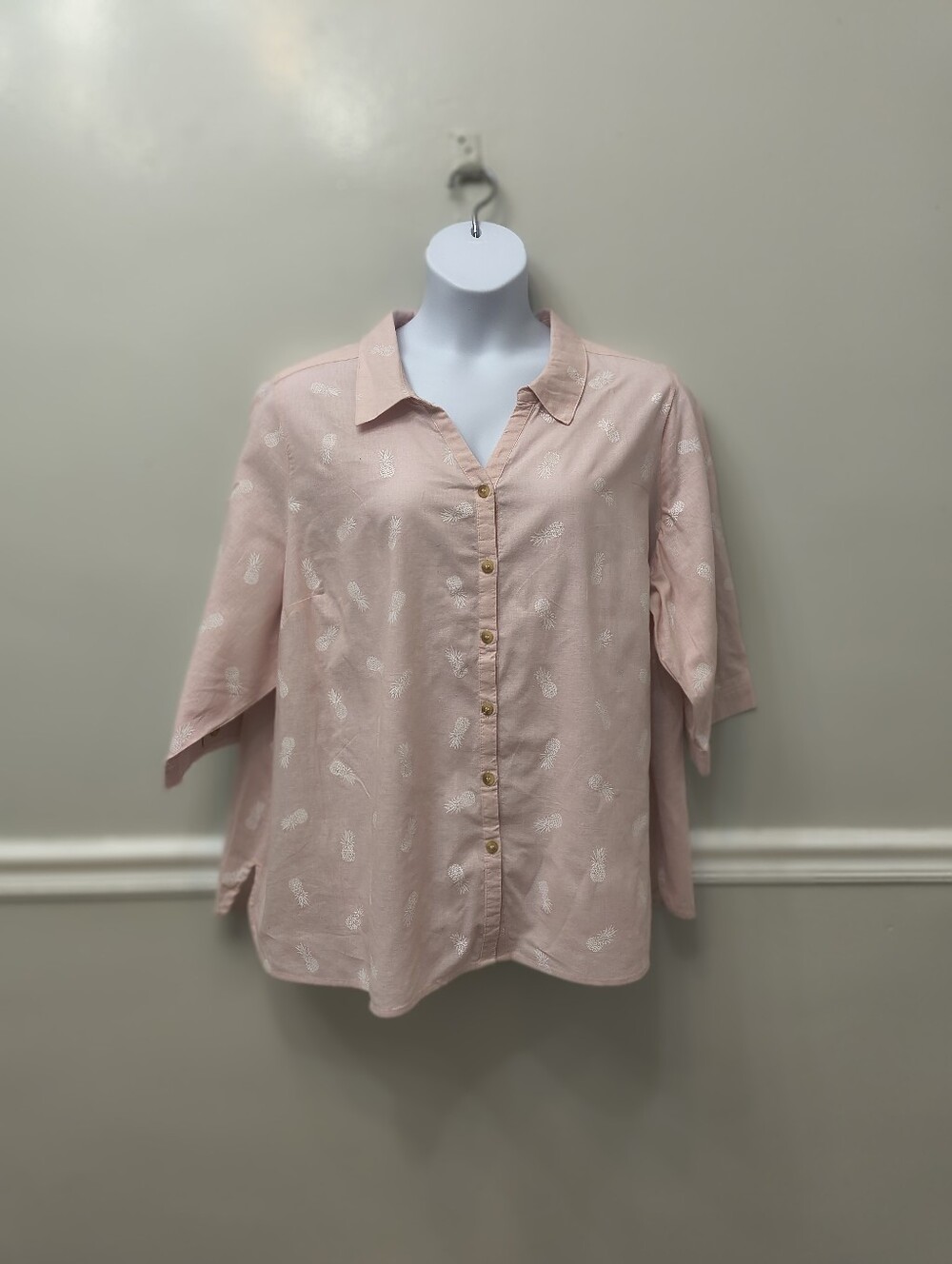 Catherines Linen Cotton Tunic Shirt Pink White Sz 3XWP Coastal Grandma Tropical